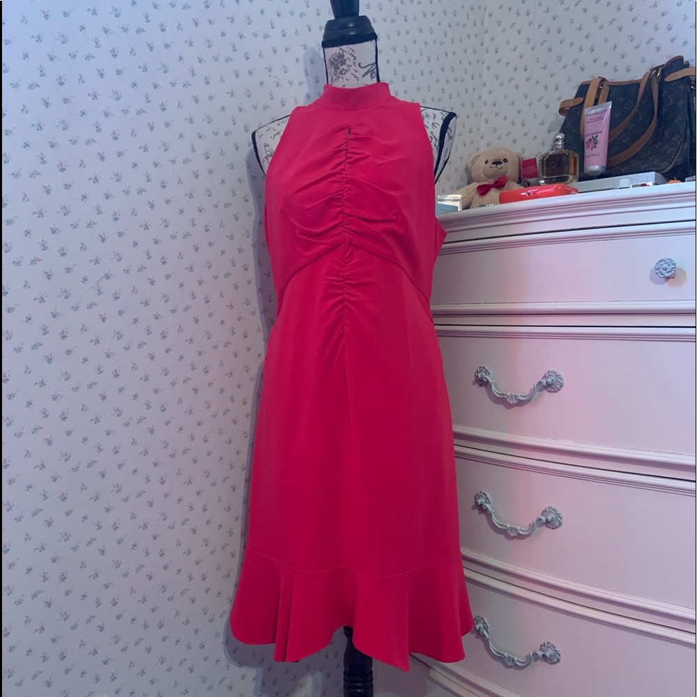 Halston Heritage Ruched Ruffle Fuchsia Dress - Picture 4 of 15